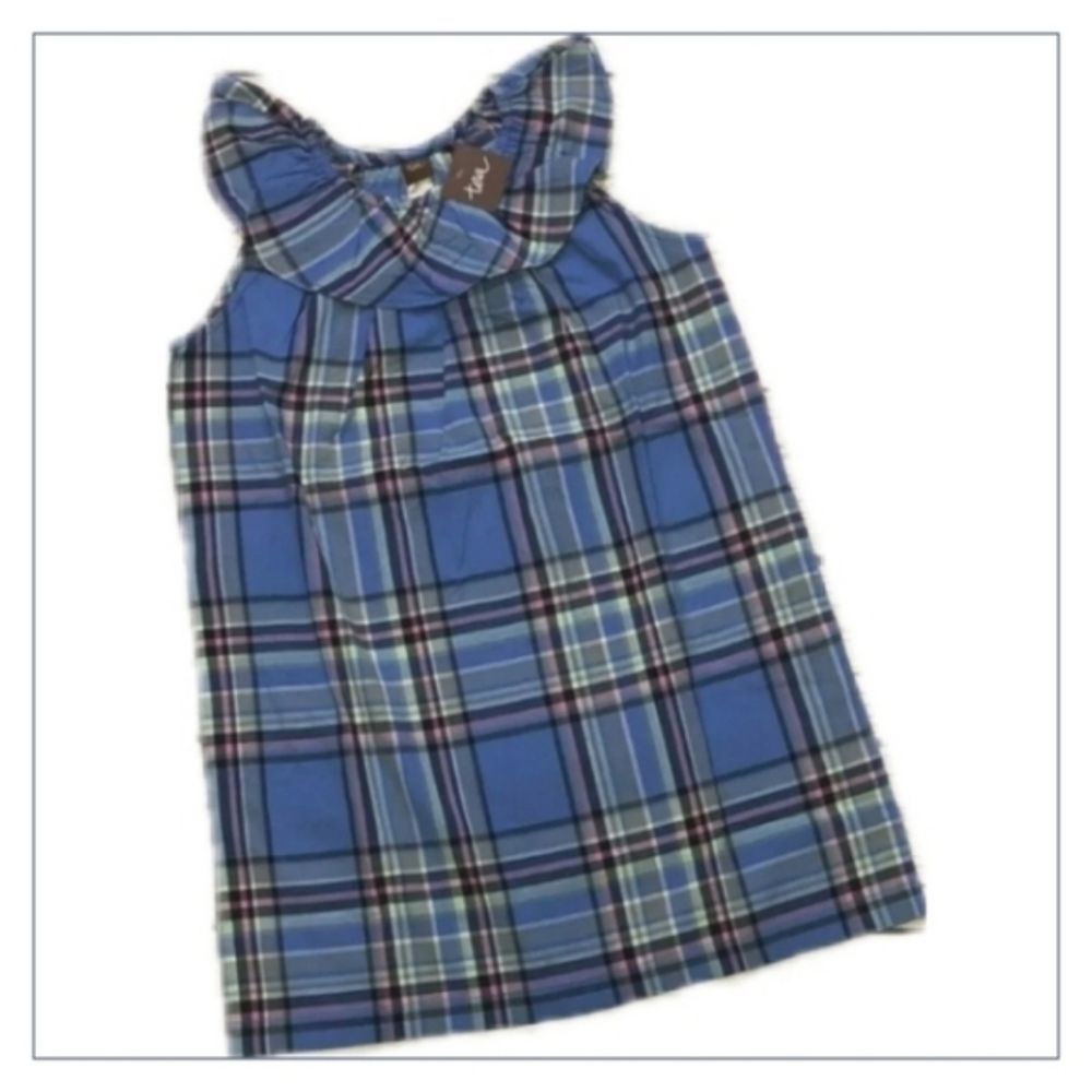 Tea Collection Blue Plaid Madras Ruffle Neck Dress